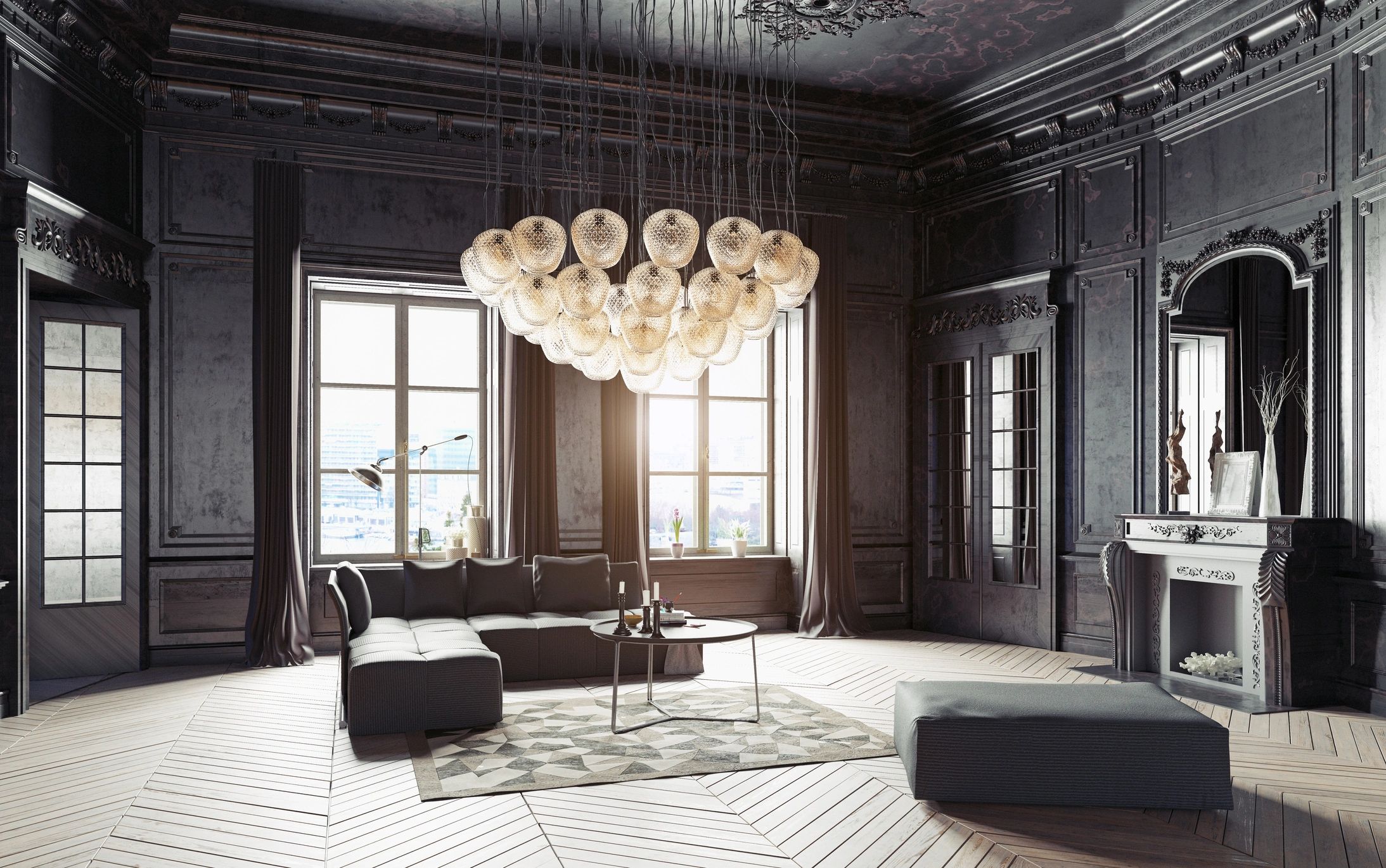 Modern living room with window blinds